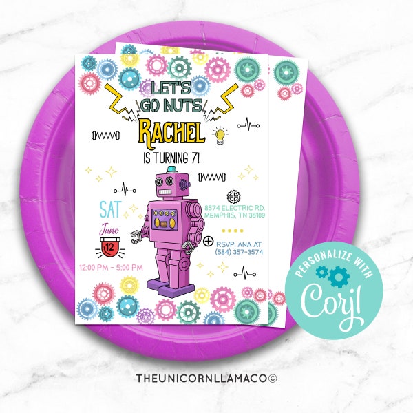 EDITABLE Robot Invitation, Robot Party, Retro Robot Invite, Vintage Robot Birthday, Printables, Girl Party, Pink, Purple