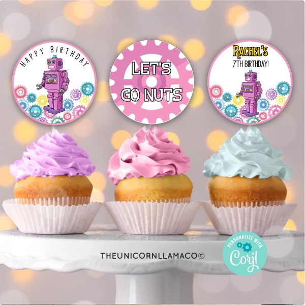 EDITABLE Robot Birthday Cupcake Toppers Retro Robot Birthday Cupcakes Vintage Robot Party Favors Party Label Girl Birthday Blue Electronics