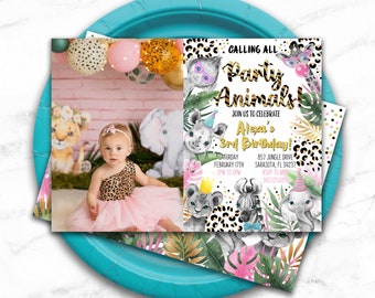 Party Animals Birthday Picture Invitation, Leopard Print, Safari Invite, Girl Birthday, Printables, Zoo Animals Party Personalized, Wild One
