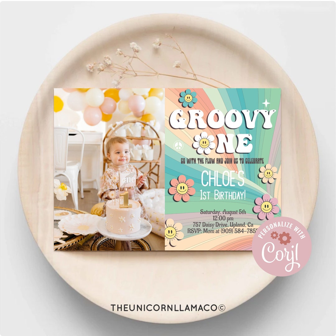 EDITABLE Groovy One Picture 1st Birthday Invitation Retro Party Daisies ...