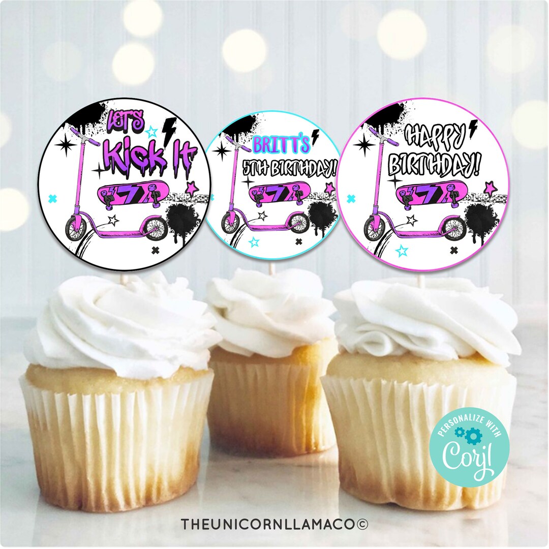 EDITABLE Scooter Skateboard Cupcake Toppers Outdoor Birthday Cupcakes ...