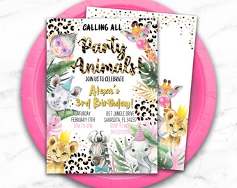 Party Animals Birthday Invitation, Leopard Print, Safari Invite, Girl Birthday, Printables, Zoo Animals Party, DIY, Personalized, Wild One