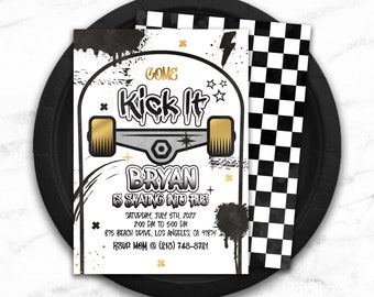 Skateboard Party Invitation Printable Skateboard Birthday invite scooter bike skate park sports Retro 90s hip hop Editable Come Kick it Gold