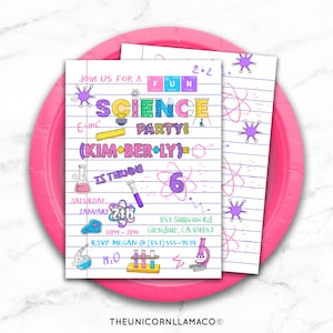 Science Paper Invitation, Laboratory Party, Science Experiment Invite, Girl Birthday, Printables, Outdoor Party, DIY, Personalized, Slime