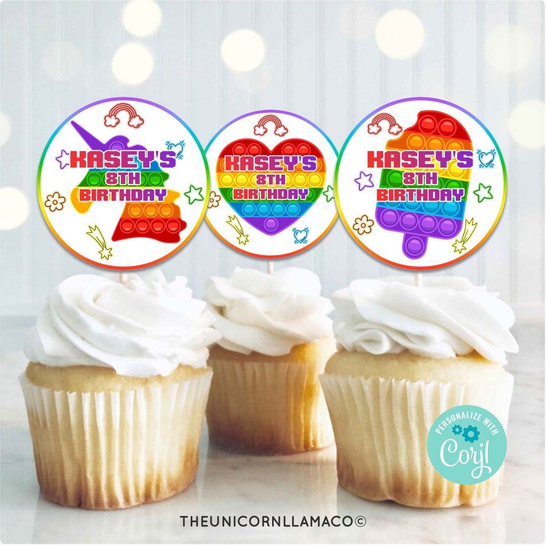 EDITABLE Pop It Heart Birthday Cupcake Toppers Pastels Birthday