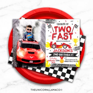 Two Fast Picture Invitation, Racing Car Party, Race Car Invite, 2nd Birthday, Birthday, Printables, Boy Party, 2 Years Old, Too Fast, Red