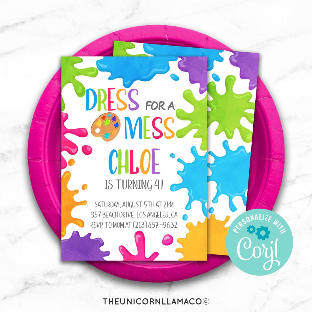 EDITABLE Art Invitation, Paint Splatter Party, Artist Invite, Rainbow ...