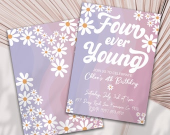 Boho Daisy Birthday Invitation, Four Ever Young Party, Floral Groovy Retro Invite, Hippie, Printables, Girl Party, Personalized, 4th Bday