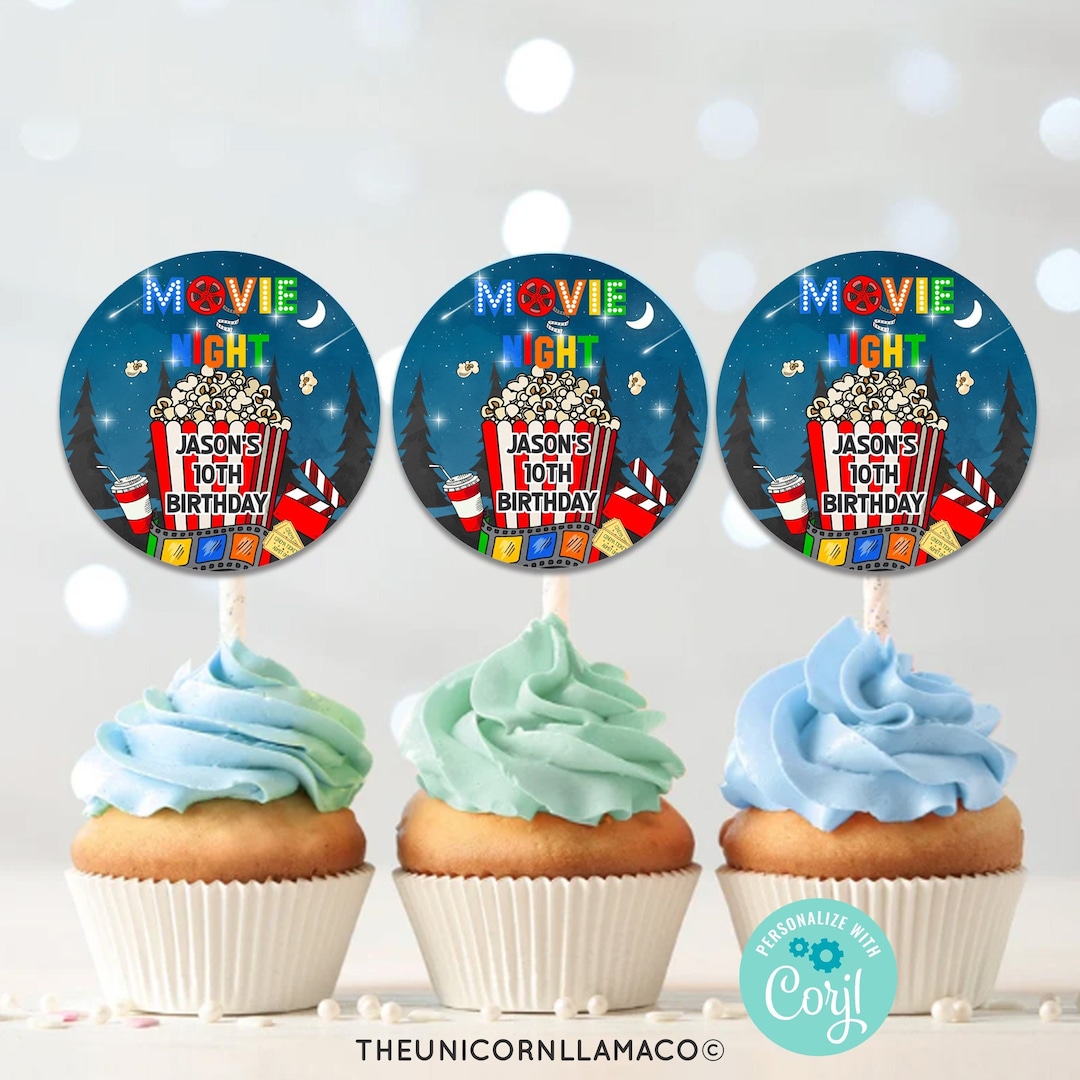 EDITABLE Movie Night Party Cupcake Toppers Movie Birthday Cupcakes ...