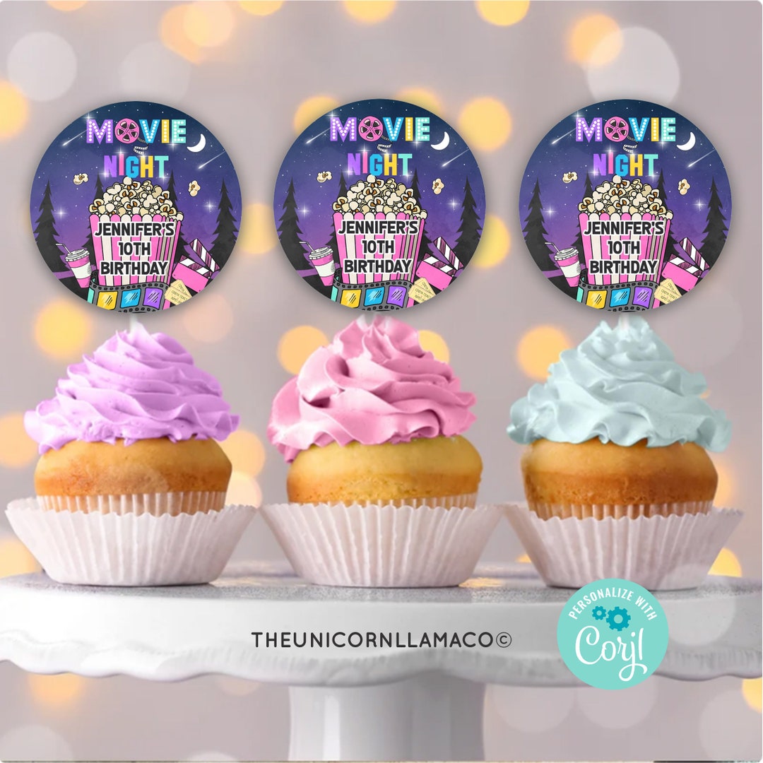 EDITABLE Movie Night Party Cupcake Toppers Movie Birthday Cupcakes ...