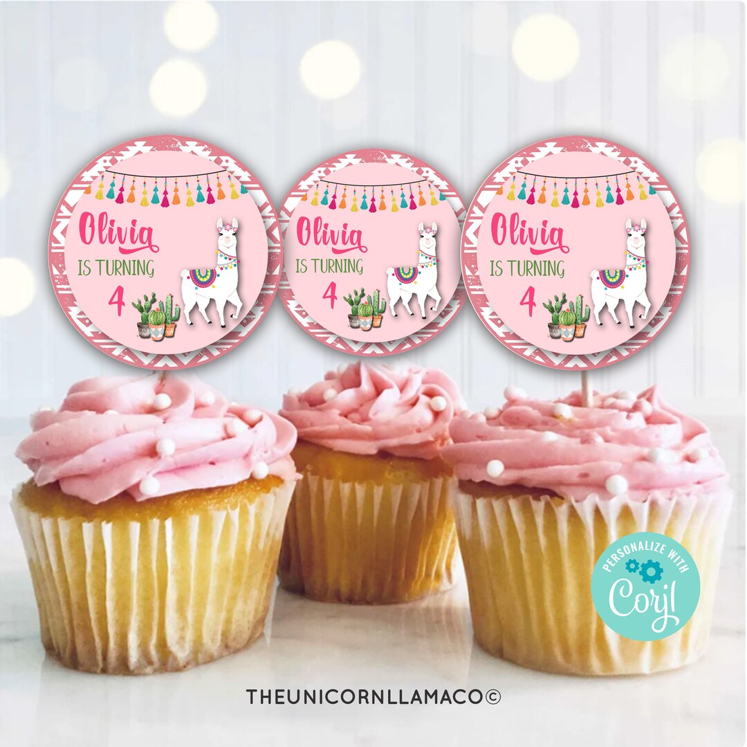 EDITABLE Llama Party Cupcake Toppers Llama Fun Birthday Cupcakes