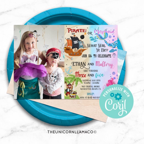 EDITABLE Pirate or Mermaid Picture Invitation Mermaid Party Sibling Invite Sea Animals Birthday Printables Girl Boy Party Birthday Template