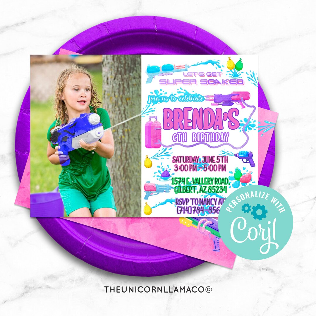 EDITABLE Water Gun Picture Invitation Water Gun Party Summer Invite