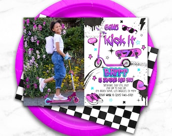 Scooter Party Invitation Printable Skateboard Birthday invite scooter bike skate park sports Retro 90s hip hop Editable Come Kick it Purple