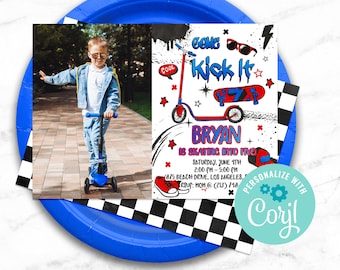 EDITABLE Scooter Skateboard Picture Party Invitation Printable Skateboard Birthday invite bike skate park sports Retro 90s Come Kick it Blue