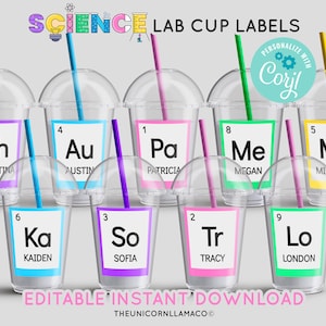 EDITABLE Science Lab Water Cup Labels, Laboratory Party, Experiment, Periodic Table, Printables, Laboratory DIY, Personalized, Slime, Mad
