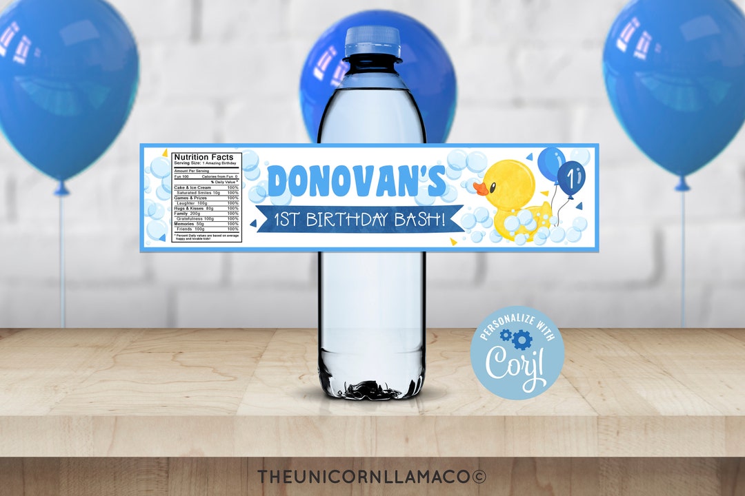 EDITABLE Rubber Duckie 1st Birthday Party Rubber Duck Water Bottle ...