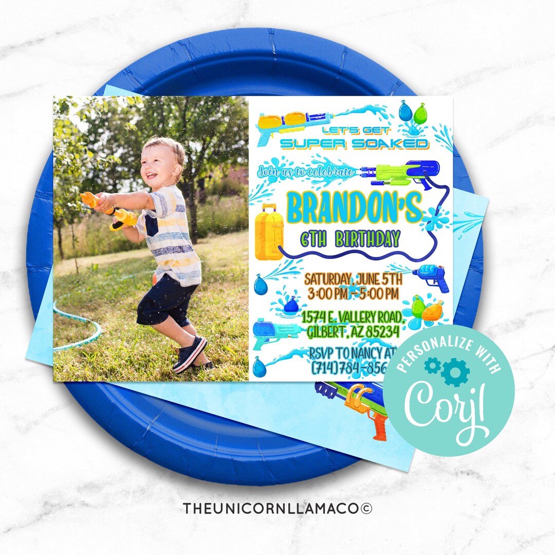 EDITABLE Water Gun Picture Invitation, Water Gun Party, Summer Invite
