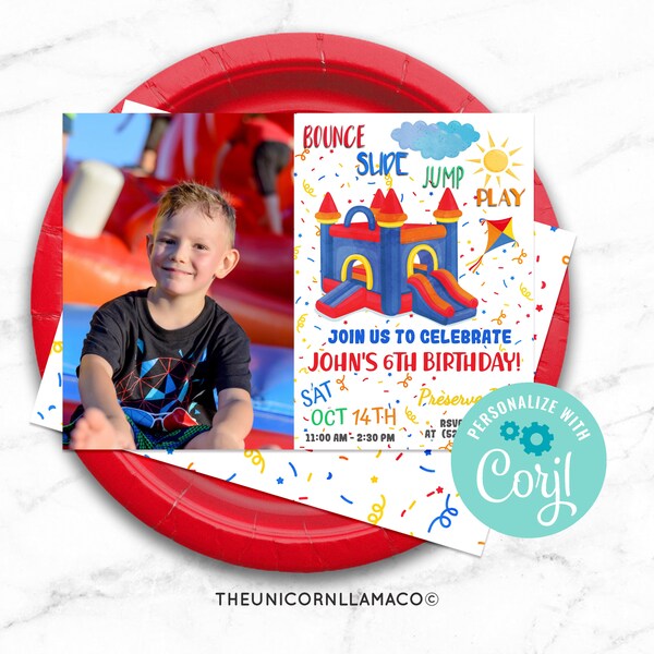 EDITABLE Bounce House Picture Invitation Backyard Party Park Invite Boy Birthday Printables Outdoor Personalized Swings Slides Template Red