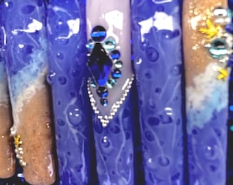 Press on nails 3D Blue Ocean xxlong Square with Bling