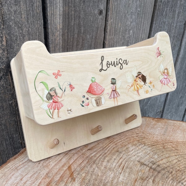 Kindergarderobe Feen mit Ablagebox aus Holz, personalisierte Kindergarderobe mit Mützenfach, Kindergarderobe mit Namen, Geschenk Mädchen