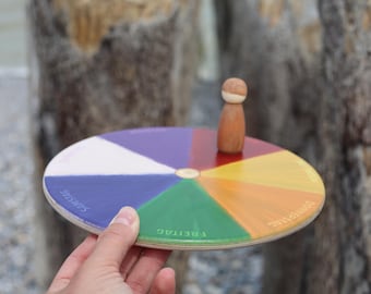 May include: A wooden spinning wheel with a colorful rainbow design and the days of the week written in German. A small wooden figure stands on top of the wheel.