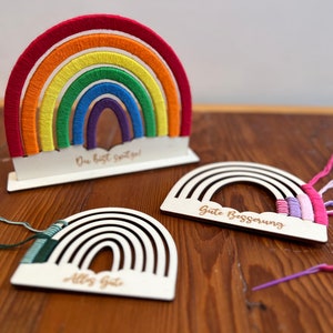 Personalized rainbow craft kit - yarn & tools included! Name plate rainbow made of wood and yarn, gift for birth, baptism