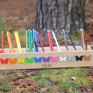 Pencil hero with butterfly, personalized pencil cup, back to school gift, school enrollment gift, Christmas gift, 5 year gift