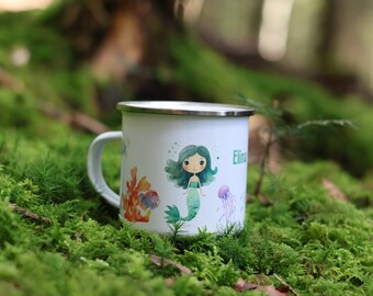 Emaljmugg med sjöjungfrunamn, personlig flickmugg, emaljmugg för barn, barnmugg, dagis, emaljkopp