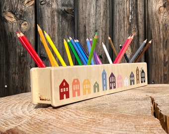 Pen hero "Houses", pen holder personalized children, personalized pen cup, pen holder with name, Montesorri, gift child