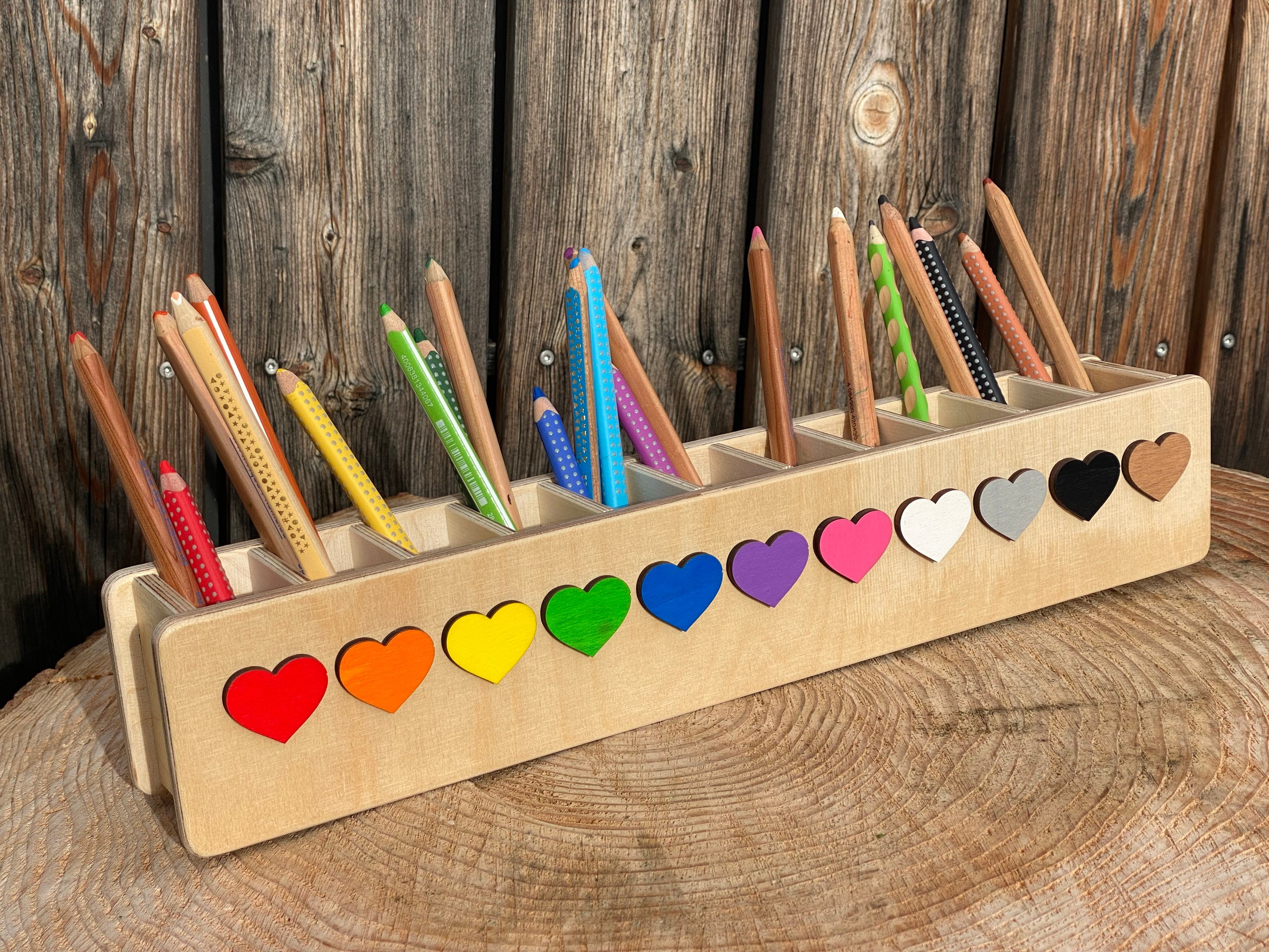 Montessori Pen & Pencil Holder for Kids, Long Wooden Desk Organizer with 11 Colors Compartments for Brushes, Crayons, Markers, Stationery and Art