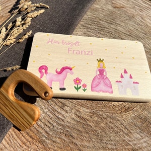 Set with safe children&#39;s knife made of olive wood and breakfast board, Montessori knife, gift for girls, princess, unicorn, baby