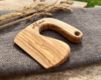 Cuchillo infantil seguro fabricado en madera de olivo, cuchillo Montessori personalizado, cuchillo infantil con nombre, cuchillo infantil, cubiertos infantiles con nombre