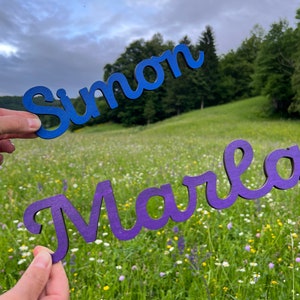 May include: Two wooden names, "Simon" in blue and "Marla" in purple, are held in a field of wildflowers.