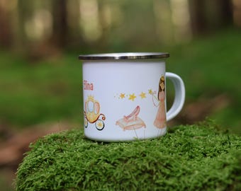 Emaljmugg för prinsessor med namn, flicka, personlig barnmugg, emaljmugg för barn, barnmugg, dagis, emaljmugg