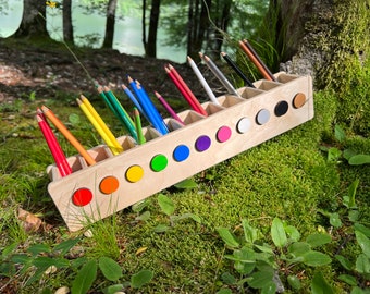 Montesorri wooden pencil holder for children, colored pencil holder, rainbow pencil holder, children's desk, gift for school enrollment, kindergarten