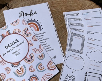 May include: A set of printable classroom activity sheets with a rainbow theme. The sheets include a "Thank You" page with a rainbow pattern, a page for students to write their names, and a page for students to draw a picture of their favorite memory from the school year.