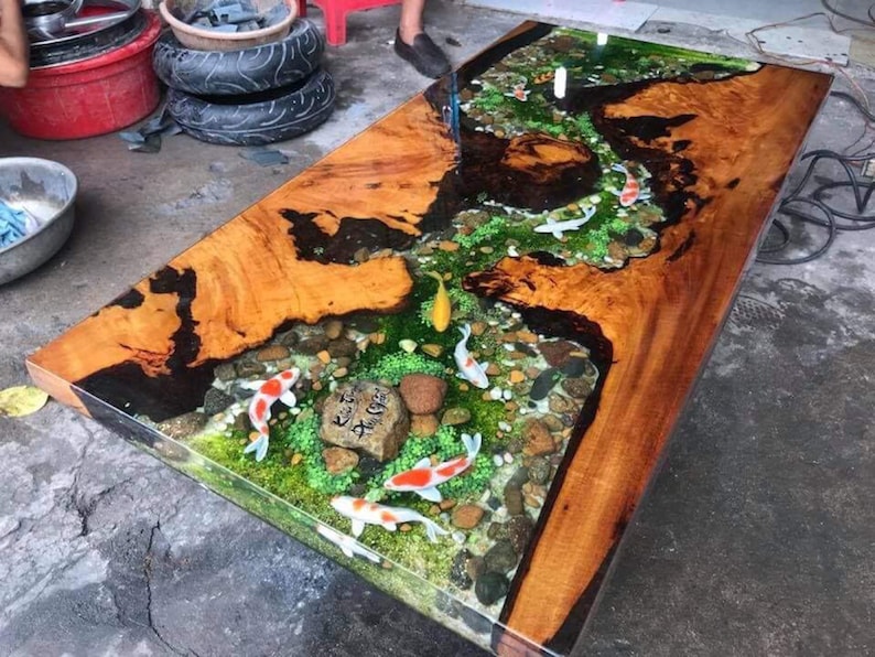 Blue river resin dining table top with epoxy inlay burl wood
