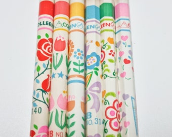 Vintage Colleen Pencil No.3140, 6 HB Pencils with JIS Mark - Made in Japan, Flower pattern pencils