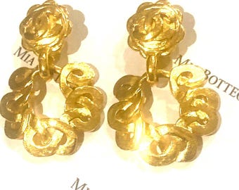 Authentic 2” Vintage Gold Tone Chanel Round Clip Dangle Drop Earring Excellent Condition with C.O.A