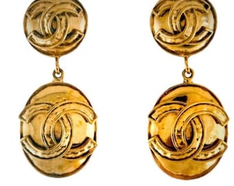 Authentic 2” Vintage Gold Tone Chanel Round Clip Dangle Drop Earring Excellent Condition with C.O.A