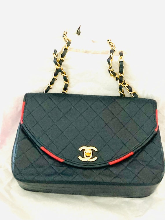 Rare Chanel Vintage Navy Blue With Red Trim Vintage Flap 