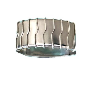 May include: A silver metal bottle cage with a wire design. The cage has a series of vertical bars connected by horizontal wires, creating a decorative and functional holder for a bottle. The cage is designed to fit around the neck of a bottle.