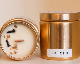 Spiced | Holiday Candle | Gold Candle | Phthalate Free Fragrance Oils + Essential Oils | Cinnamon Sticks | Clove Bud | Oak Bark | 10oz