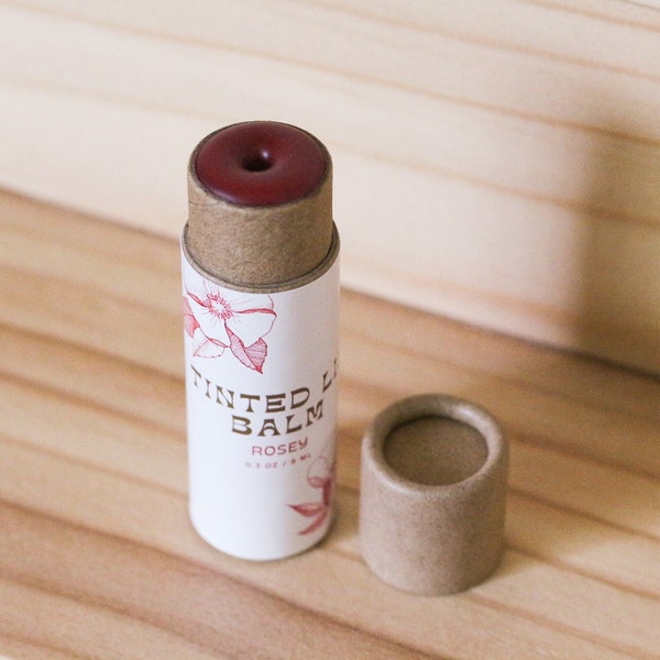 Rosey | Naturally Tinted Lip Balm | Beeswax Lip Balm tinted with Alkanet Root| Essential Oils| Rose Essential Oils | Compostable Tube | 9ml