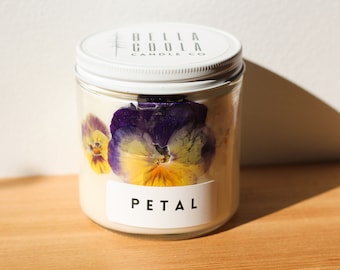 Petal | Sweetgrass | Jasmine | Lily | Soy Wax Candle | Pressed Pansies | Flower Candle | Cotton Wick | Phthalate Free | 16oz