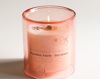 Passion Fruit + Plumeria | Soy Wax Candle | Summer Candle | Phthalate Free Fragrance | Wooden X Wick | Pink Double Walled Glass Vessel |11oz