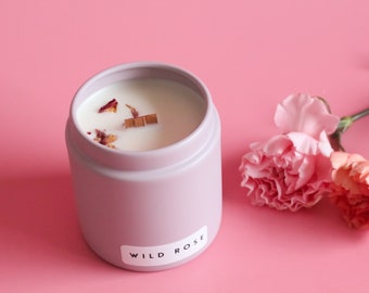 Wild Rose | Soy Wax Candle | Wooden Wick Candle | Phthalate Free Fragrance + Essential Oils | Rose Petals | Bergamot | Amber | 10oz