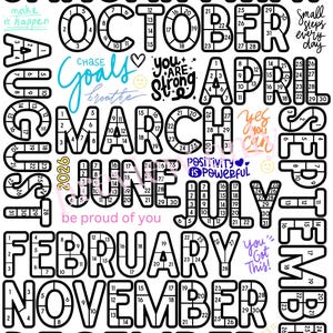 May include: A black and white 2026 calendar with each month's name in large block letters. Each letter contains the days of the month. Inspirational phrases like "Chase Goals" and "You are strong" are included.