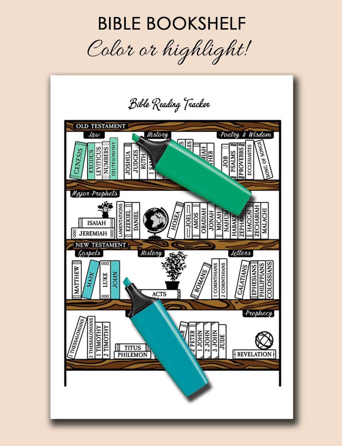 Bible Bookshelf Reading Tracker Poster Coloring Bullet Journal Planner